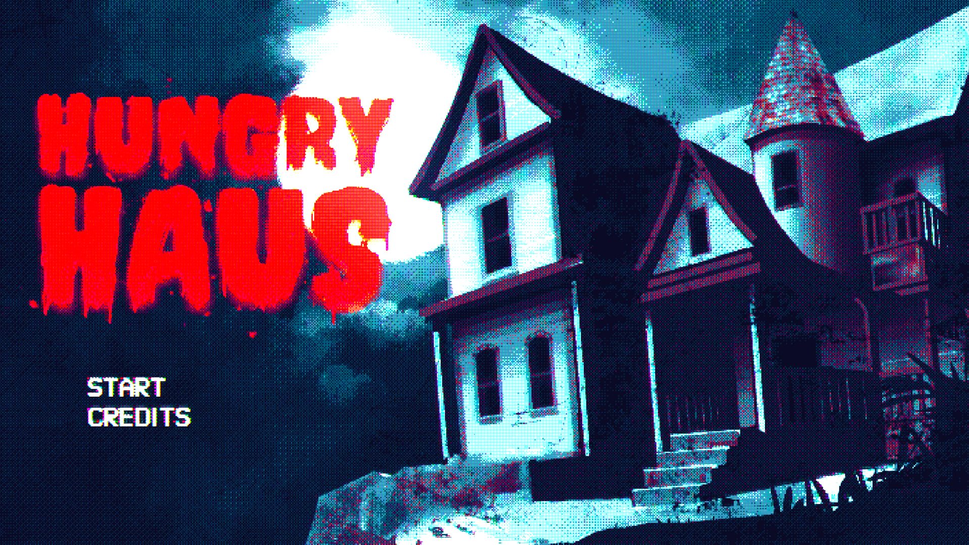 Hungry Haus title screen: dripping red title text beside a pixelated Victorian house under a full moon
